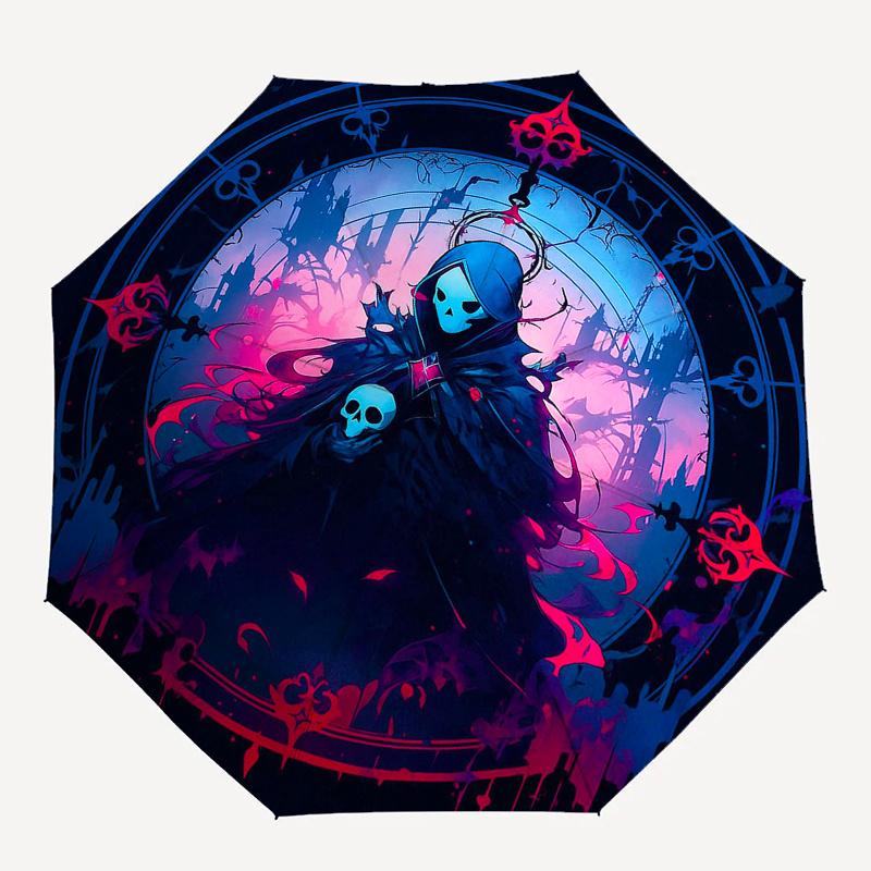 Dunkle Fantasy Sensenmann: Gotische Kunstwerk AufkleberRegenschirm, Tragbarer 3-fach Regenschirm für Männer & Frauen, Weihnachtsgeschenk ES330