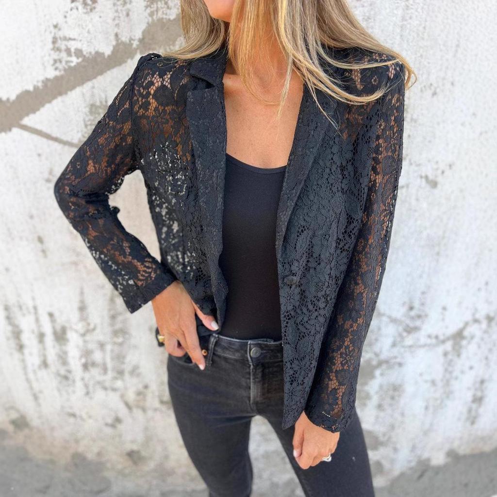 2025 Spring/Summer European & American Women's Fashion Lace Blouse Suit - Trendy Casual Solid Color