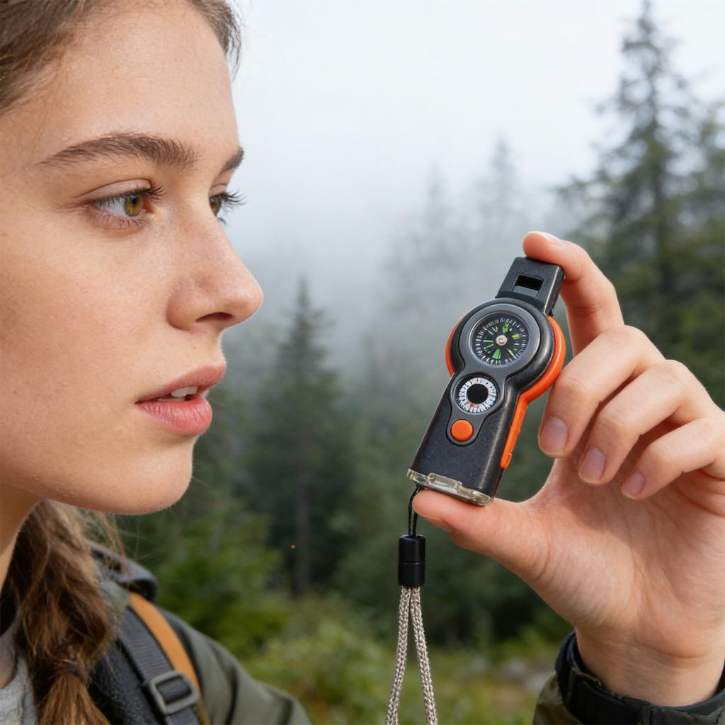 Multifunktionspfeife mit Kompass und LED-Taschenlampe, Tragbares Sicherheitswerkzeug mit Lanyard für Camping, Wandern & Notfallausrüstungen, Alles-in-Einem
