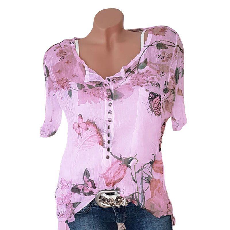 Stylish Floral Short Sleeve Ladies Chiffon Blouse For Casual Everyday Wear