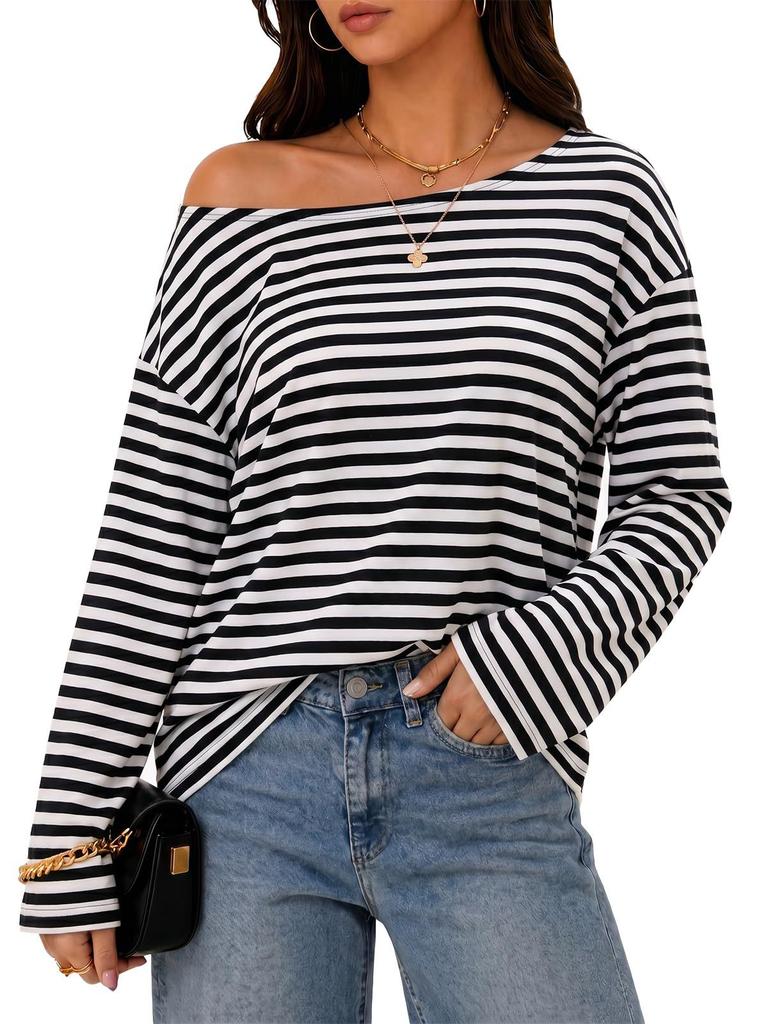 Top a Righe da Donna a Spalle Scoperte con Maniche Lunghe, Felpa Casual Larga a Blocchi di Colore