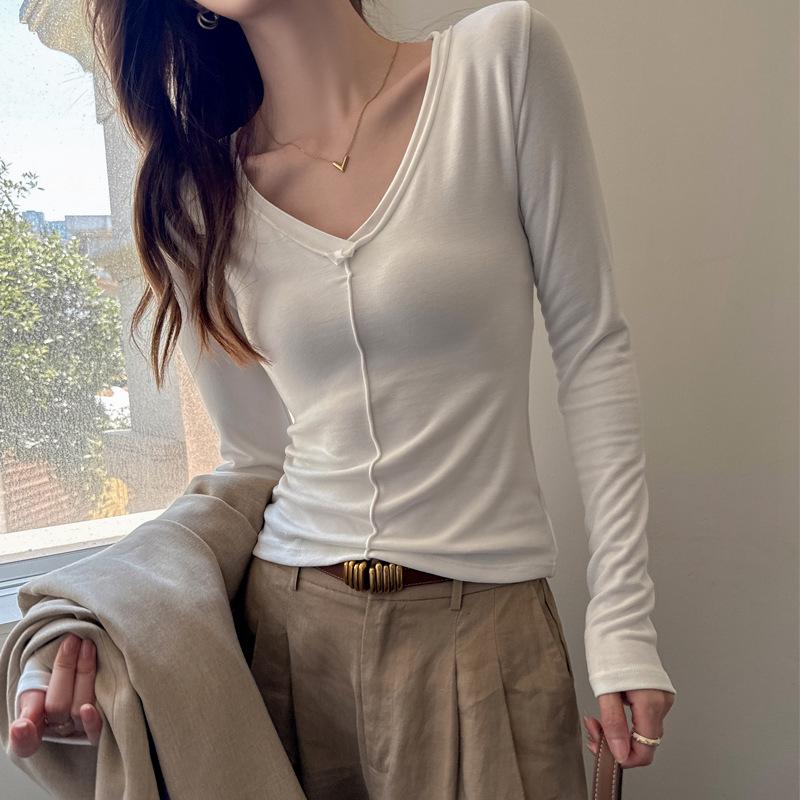 Premium Rolled-Edge V-Neck Slimming Long Sleeve Top for Women - Autumn/Winter