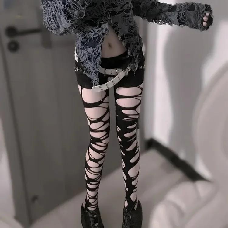 Punk Hollow Fishnet Stockings for Women Spider Web Torn Strap Holes Tights Girls Lolita Ragged Pantyhose Party Socks Pantyhose