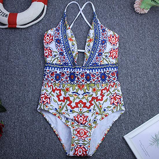 Floral Halterneck Backless Lace-up One-Piece Swimsuit for Women
