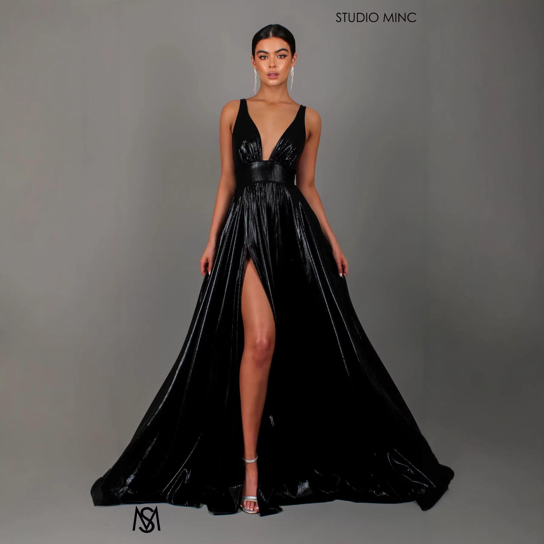 2026 Elegant One-Shoulder High Slit Sleeveless Dress for Women S чёрный
