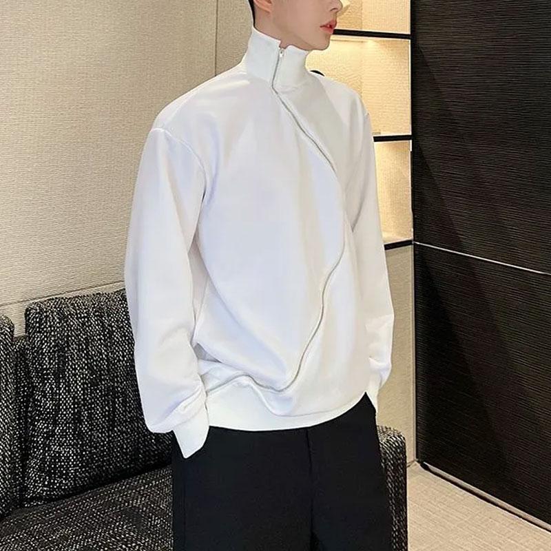 

Korean Irregular Fashionable Zipper Hoodies Spring Autumn Turtleneck Men s Clothing Solid Color Basic Long Sleeve Sweatshirts L білий