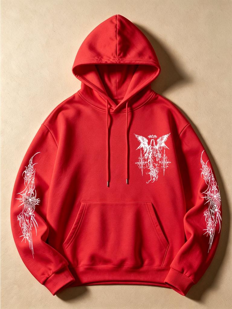 Dark Style Angel Cross Print Hoodie for Men, Double Sleeve ThornPatternDesignDrawstring Hooded Sweatshirt, Streetwear Trendy Versatile Long Sleeve Top