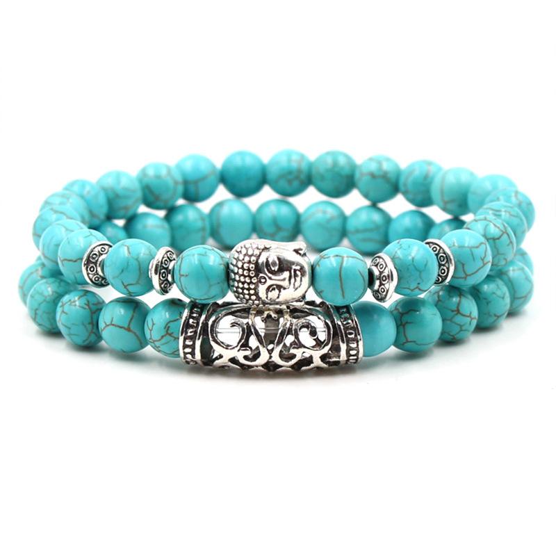2PCS/Set Copper Color Buddha Head Lava Skeleton Turquoises Natural Stone Beads For Women Men Bracelet Set Charm Bangles