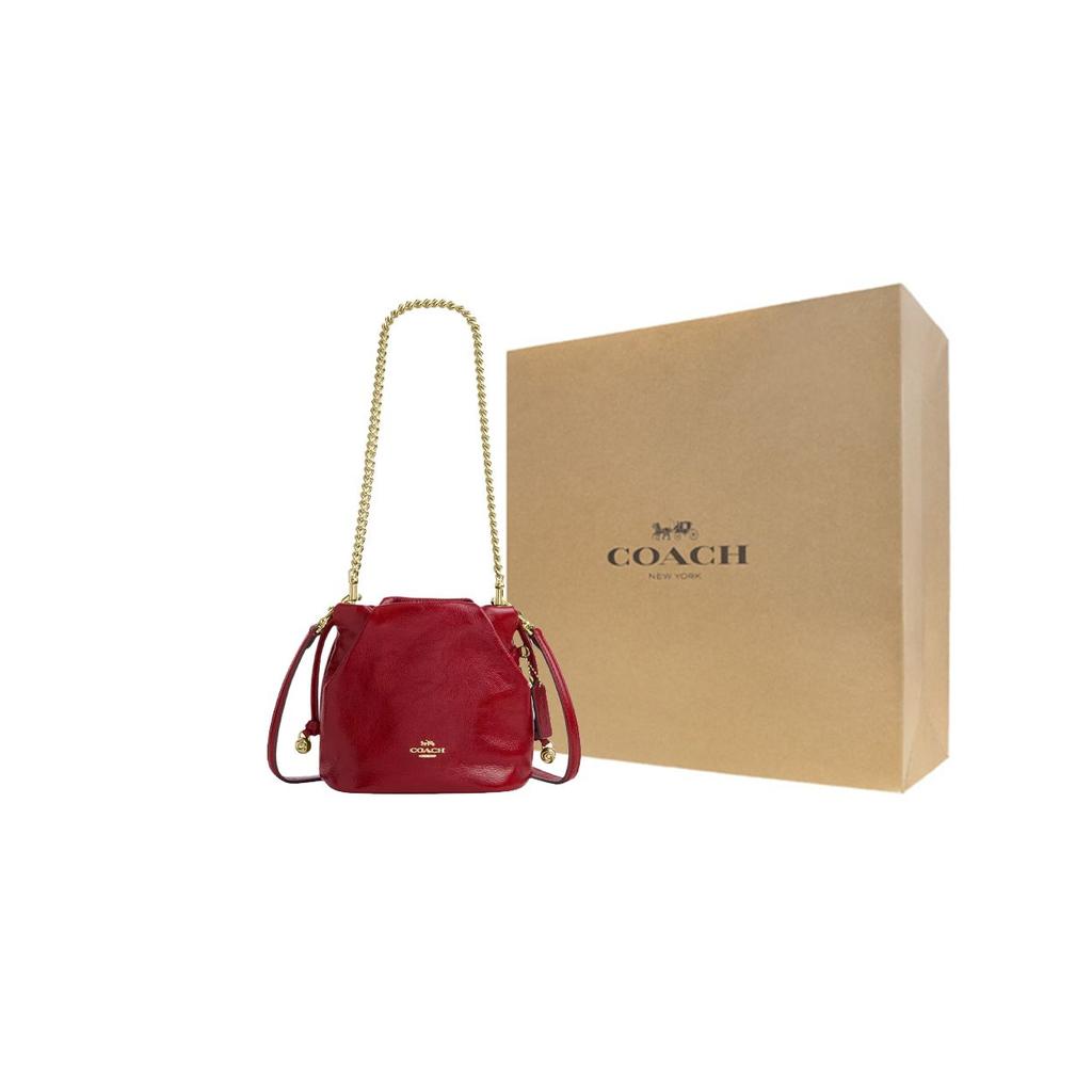 Coach Faye 18 Gold Logo Drawstring Bucket Bag Wrinkled Leather Mini Shoulder Bag Red Women bags CDB68-IMPX1