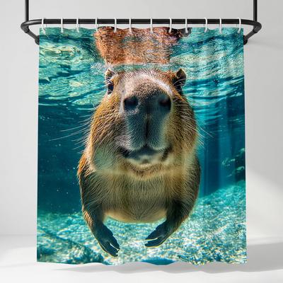 Funny Underwater Capybara Shower Curtain, Cute Animal Swimming Art, Bubbles & Blue Ocean Aesthetic Bathroom Decor