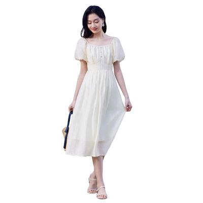 Xiangying Women's Bubble Sleeve Square Neck Textured High-Waist Dress