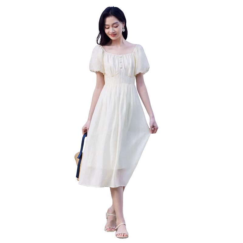 

Xiangying Women s Puff-Sleeve Square-Neck Textured Dress M