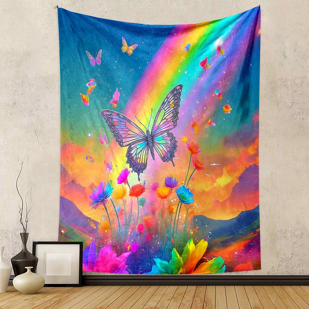 Rainbow Butterfly Over Vibrant Flowers Patterned Tapestry Decorative Wall Hanging, Home Bedroom Living Room Decor