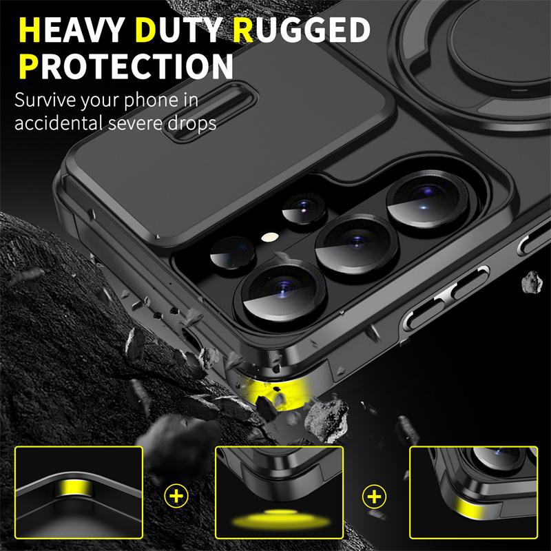 Custodia Protettiva per Telefono Armatura con Protezione Scorrevole per Fotocamera per Samsung Galaxy S26 Ultra S 26 Plus S26Ultra 5G Supporto Magnetico per Auto Copertura con Anello Metallico