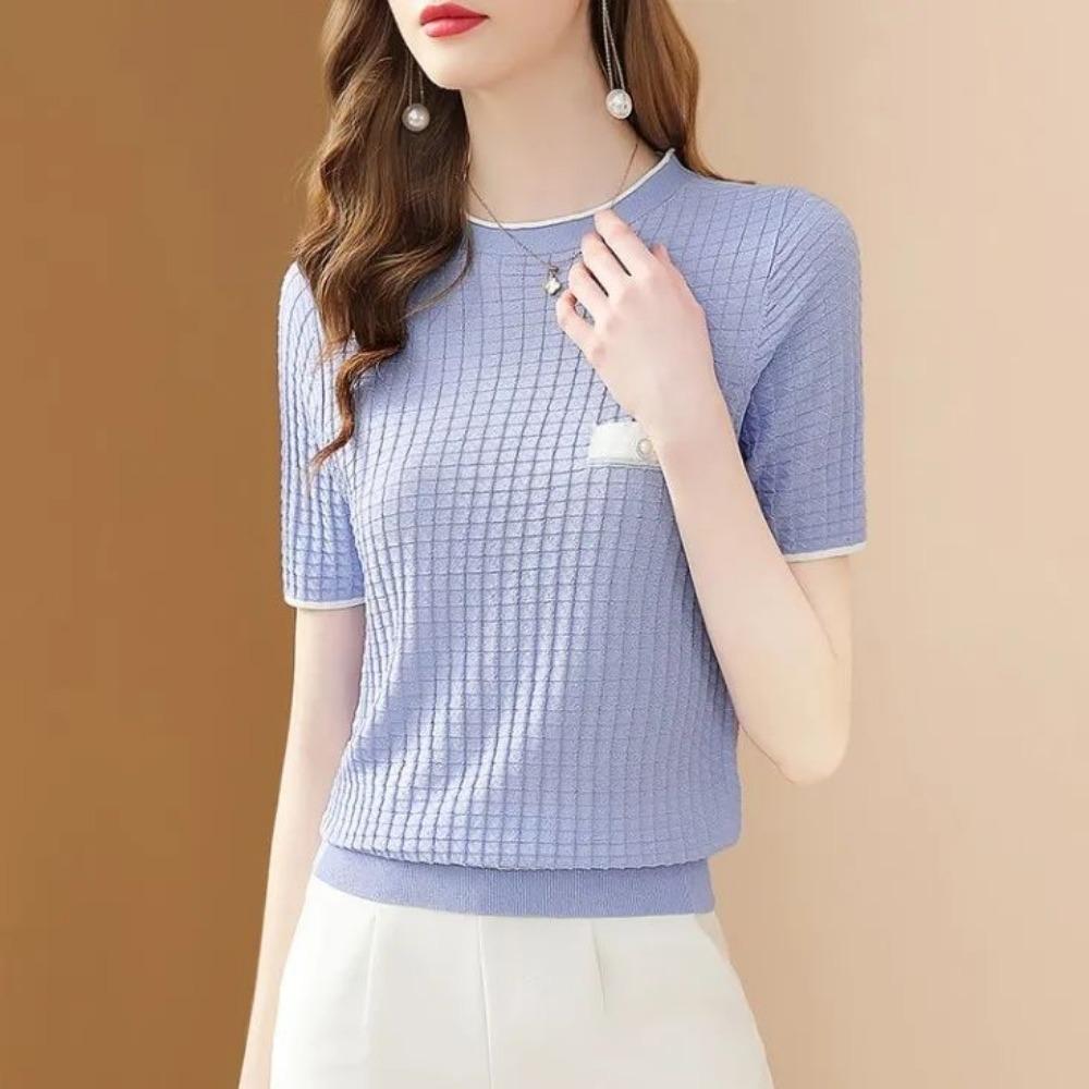 Ice Silk T-shirt Short-sleeved Knitted Sweater Women Summer New Round Neck Base Sweater