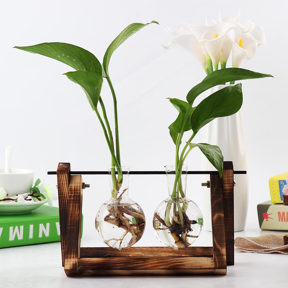 Vintage Wooden Frame Vase Plant Terrarium with Wooden Stand Glass Vase Desktop Glass Planter for