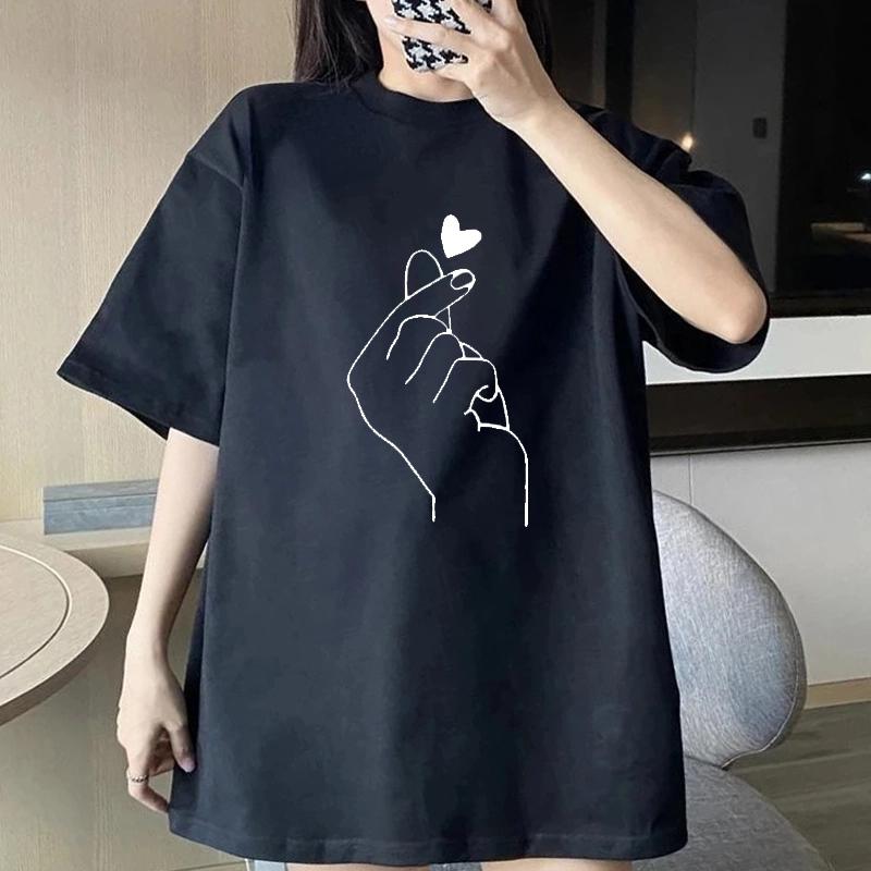 

00S Футболка с принтом сердца, с короткими рукавами, с круглым вырезом, повседневный топ для лета и весны, женская одежда, топ свободного кроя, спортивная футболка M чёрный