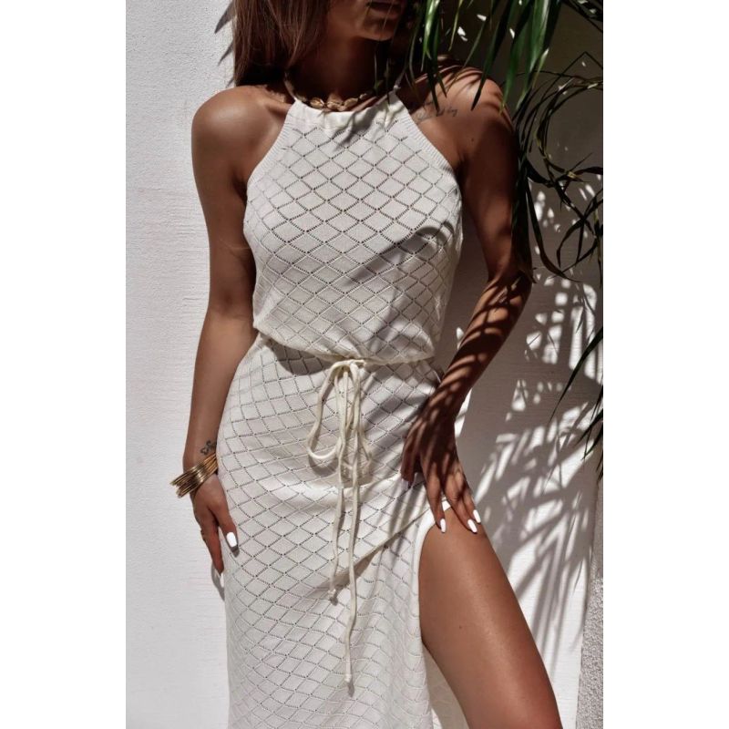 Knitted Hollow Dress Knitted Cut-out Dress Drawstring Strap Dress Holiday Style Beach Skirt