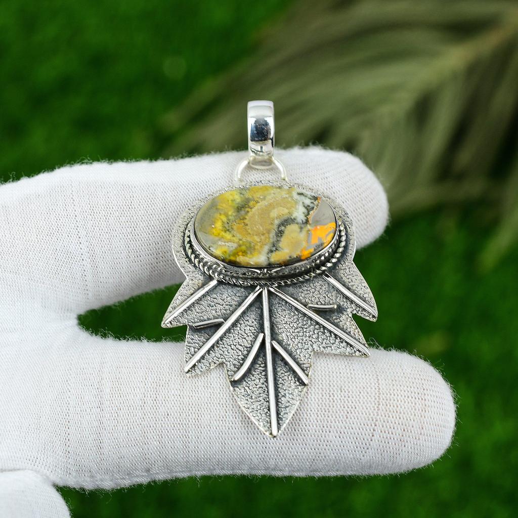 Natural Bumble Bee Jasper Gemstone Pendant Yellow 925 Sterling Silver Jewelry