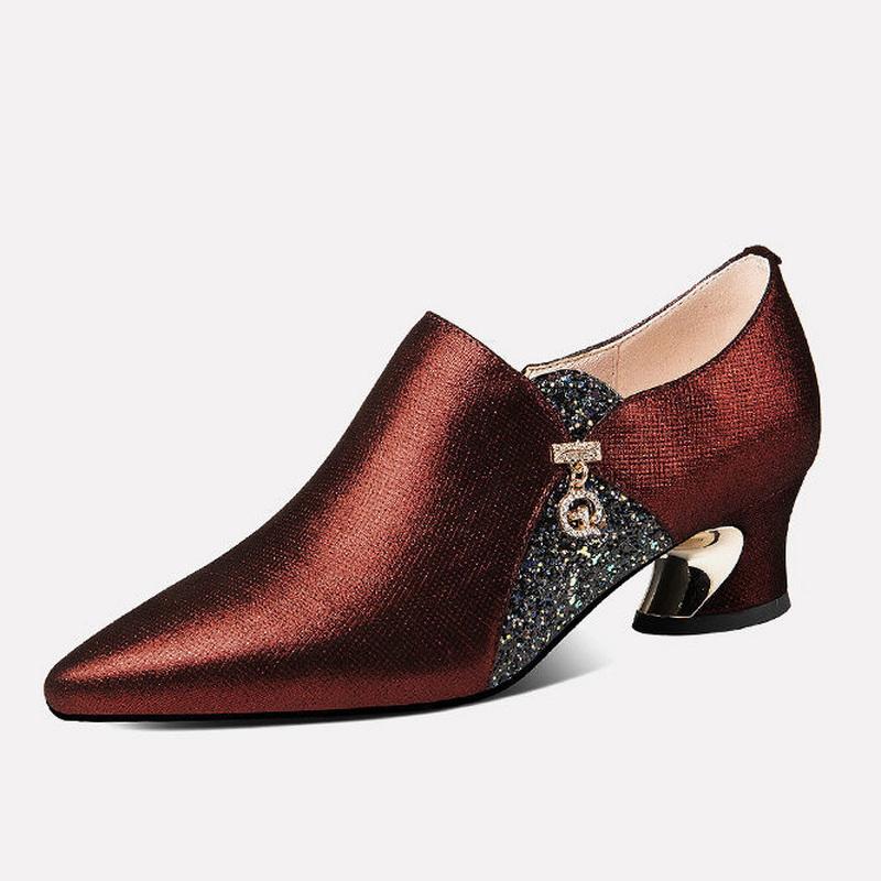 Mode FHC Neue Damen Hohe Absätze,Schafsleder HochzeitsSchuhe,Mode Blockabsatz,Spitze Zehenpartie,Britischer Stil,BLAU,ROT,Dropshipping