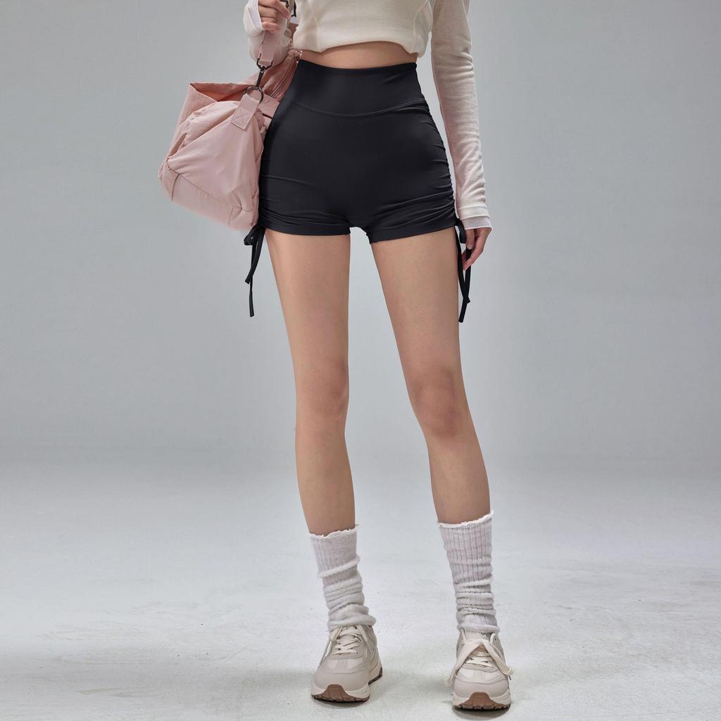 High-Waisted Quick-Dry Pleated Yoga Shorts: Butt-Lifting, Three-Quarter Length, with Drawstring for Running and Training