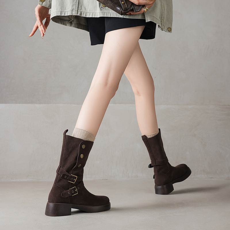 Krazing Pot Cow Suede Round Toe Thick Heels Motorcycle Boots Size 42 Back Zip Women Keep Warm Metal Button Mid-calf Boots