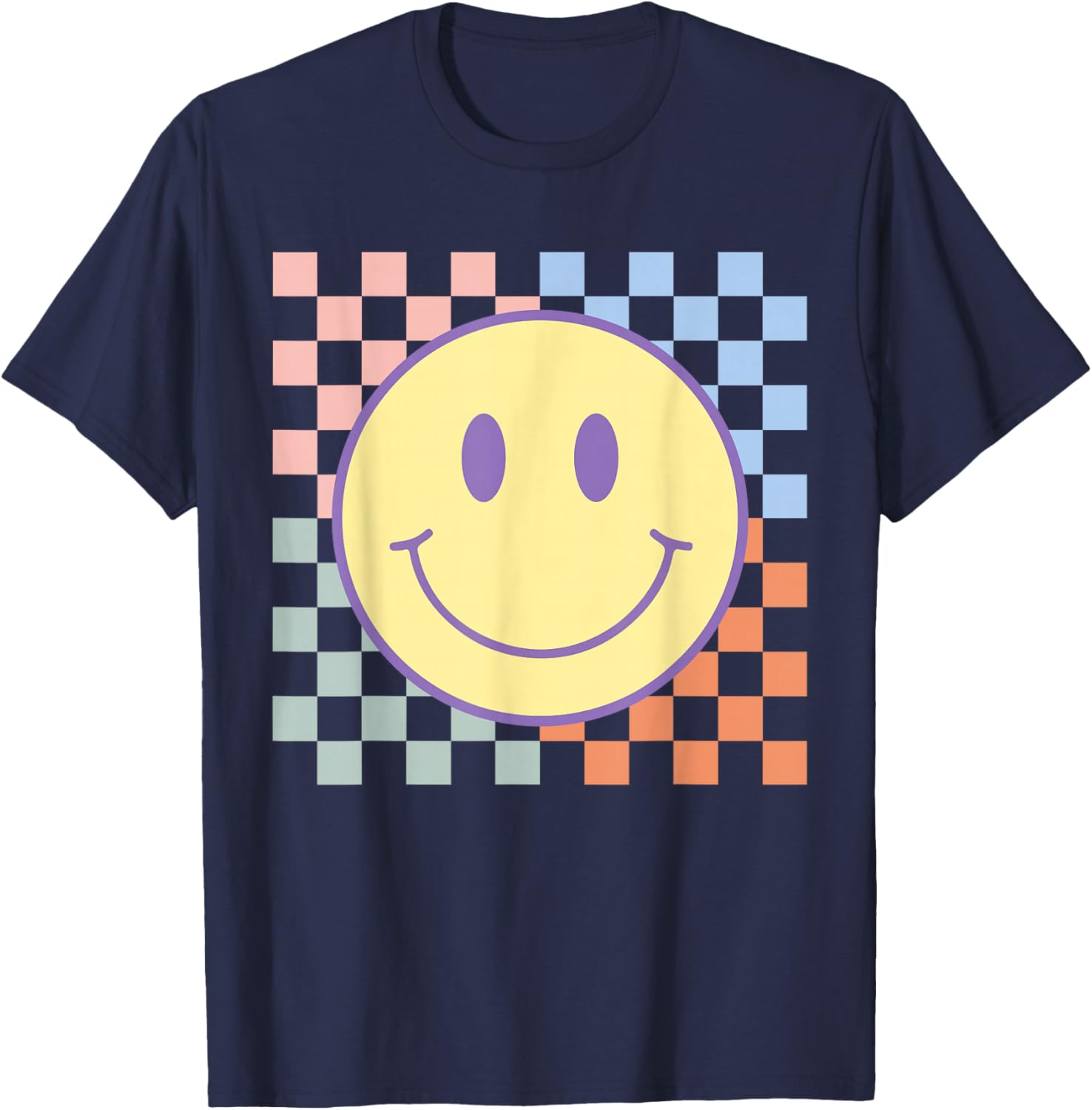 Retro Happy Face Shirt Checkered Pattern Smile Face Trendy T-Shirt S