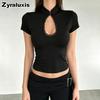Dark Style Sexy Slim Fit Waterdrop Neck Short Sleeve T-Shirt for Women with Cutout Design Casual Top