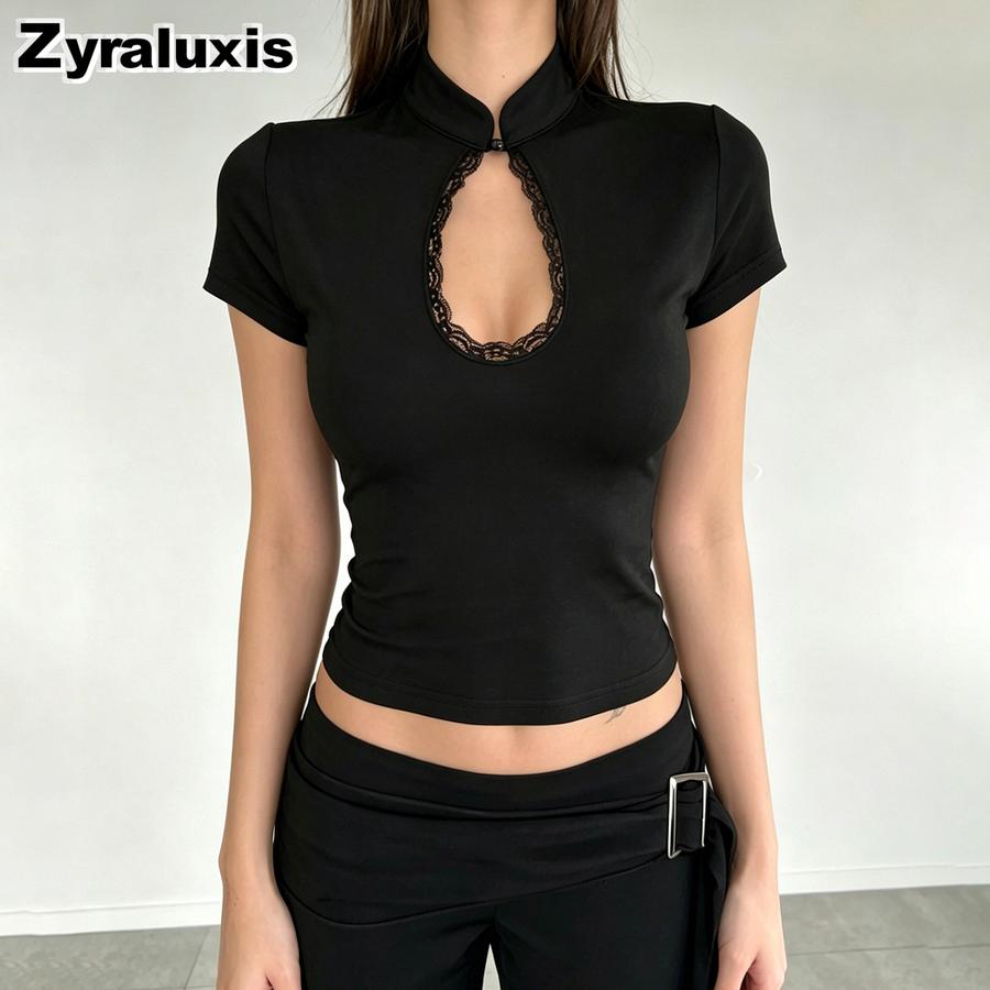 Dark Style Sexy Slim Fit Waterdrop Neck Short Sleeve T-Shirt for Women with Cutout Design Casual Top