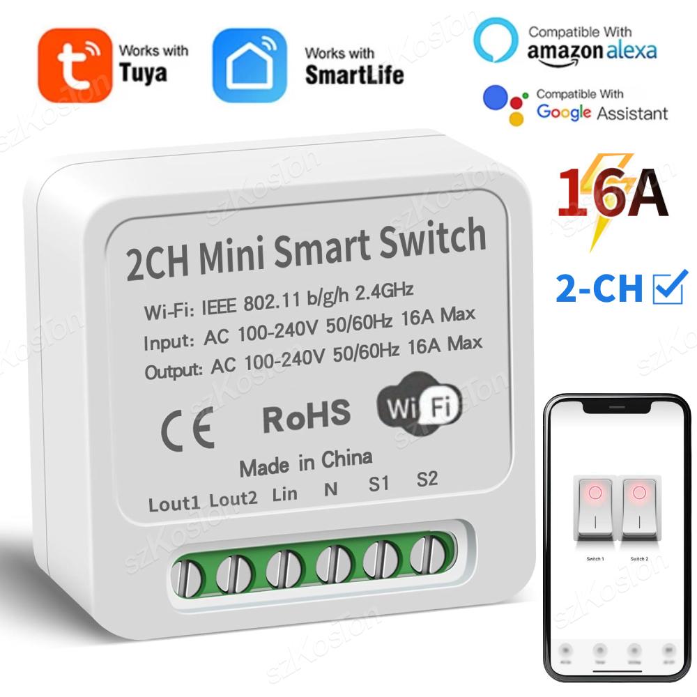 

16A Tuya WiFi Smart Switch Module Smart Home 2CH MiNi DIY Light Breaker Timer Voice Control Works with Alexa Google Home