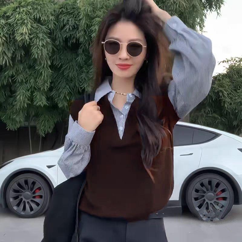 Simple Style Knitted Patchwork Pullover Shirt for Women in Winter, New Style, Slim-fitting, Flattering, Stylish and Versatile Top.