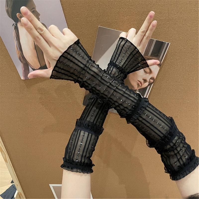 Sunproof Arm Sleeves Holiday Women Girl Arm Cover with Pleated Lace Trim Breathable Arm Cover for Holiday Driving