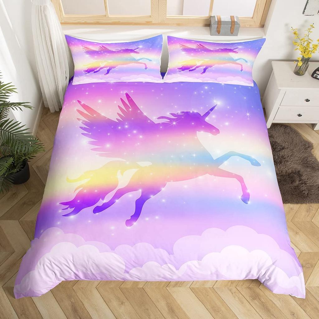 Unicorn Duvet Cover Set Cartoon Animal Galaxy Star Floral Bedding Set For Kids Girls Polyester Romantic Theme Comforter Cover