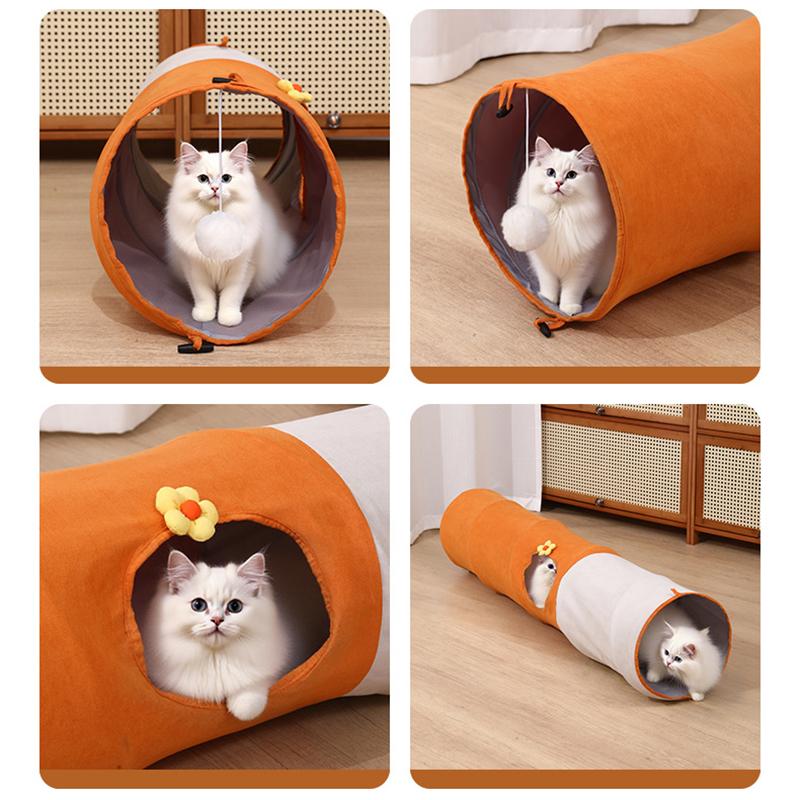 Collapsible Multi Hole Cat Tunnel Toy with Plush Ball Portable Easy Store Indoor Playtime Interactive Toys for Playful Kittens