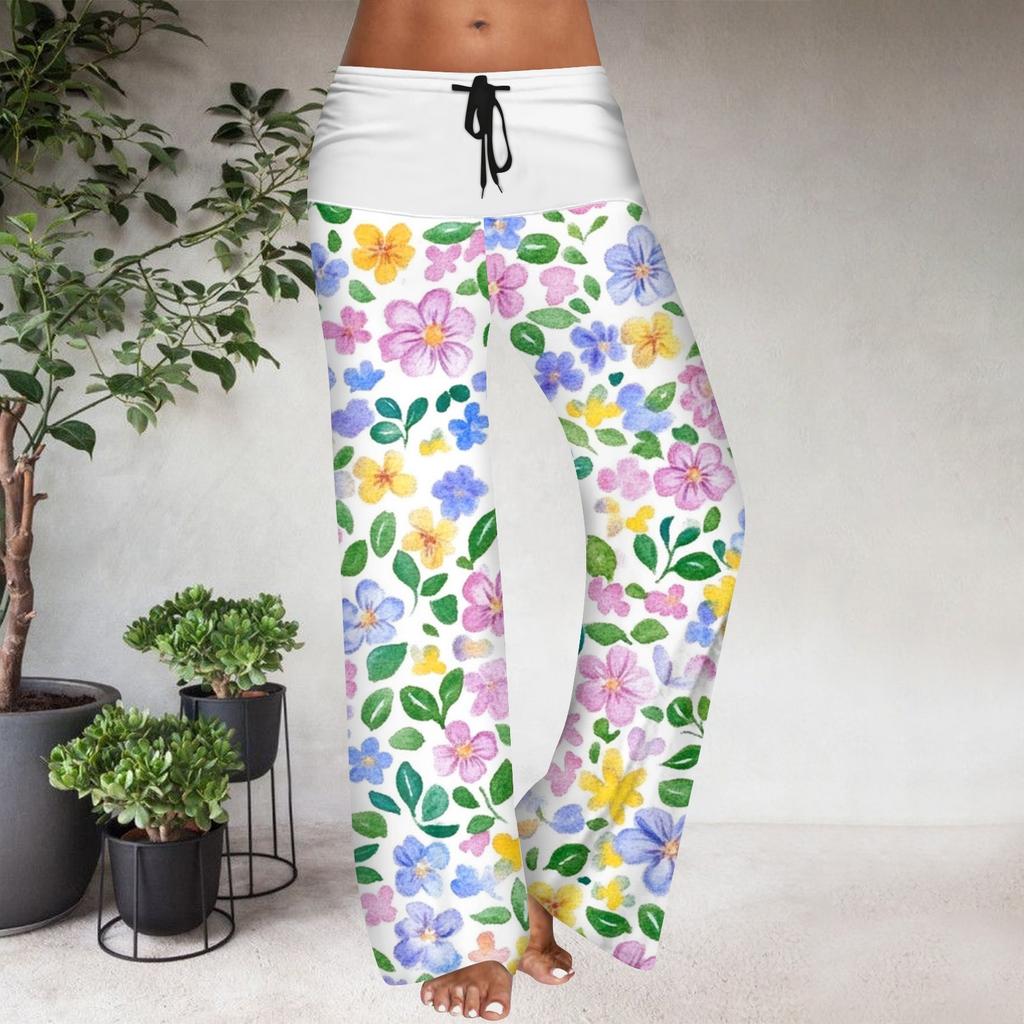 Women's Drawstring Elastic Waistband Wide Leg Color Matching Floral Printed Casual Pants