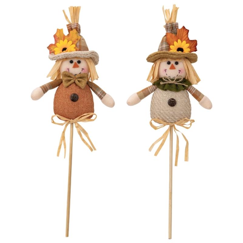 Set Of 2 Harvest Season Scarecrow Stick Puppets Thanksgiving Festives Decoration Handmade Scarecrow Stick Dolls Ornament