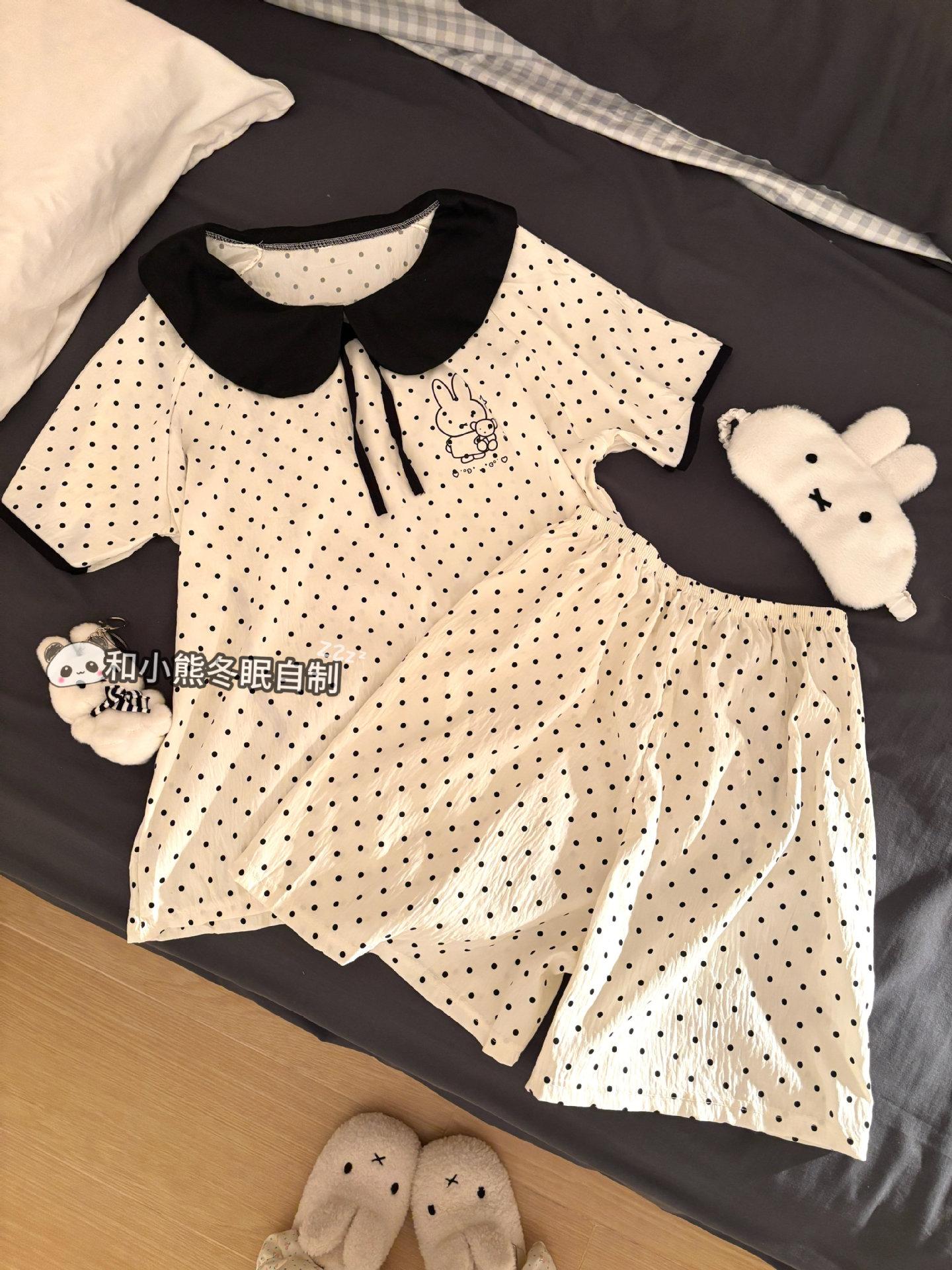 

Internet celebrity full of polka dot doll collar pajamas women s summer short-sleeved shorts two-piece set cute bunny loungewear S
