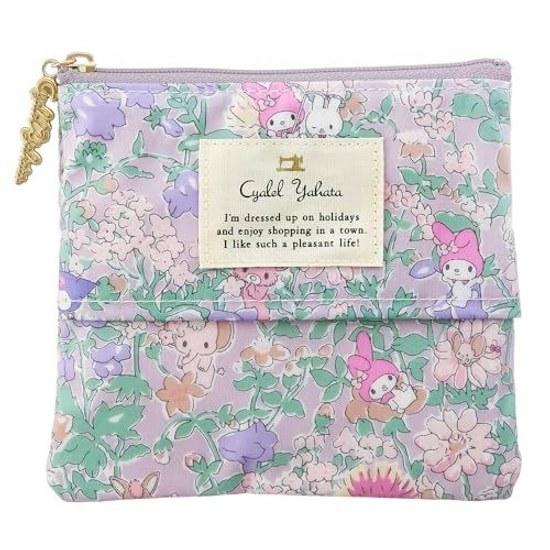 Tissue pouch Sanrio character small floral pattern Liberty print mini cosmetic slim compact made Japan (My Melody Melodies Party purple)