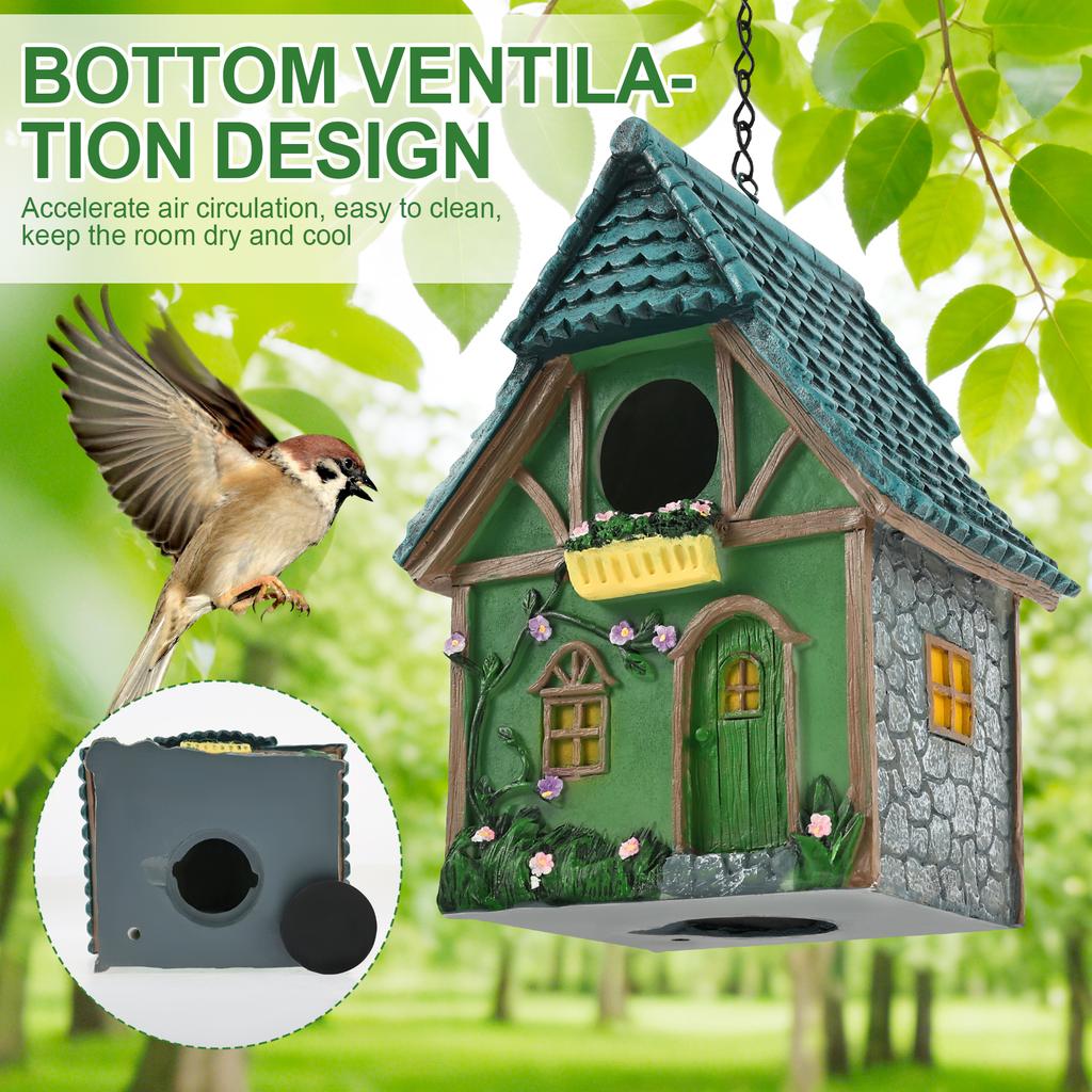 Bird House Resin Hanging Outdoor Bird Box with Chain Hook Weatherproof Finch House Exquisite Garden Decoration for Outdoor Yard