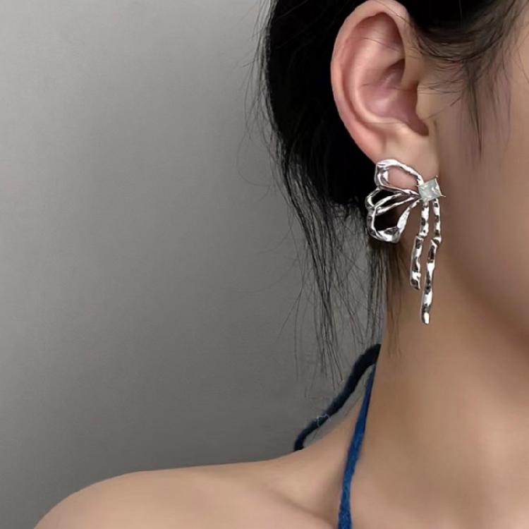Silver Color Bowknot Drop Earrings for Women Girls Korean Hollow Bow Ear Studs