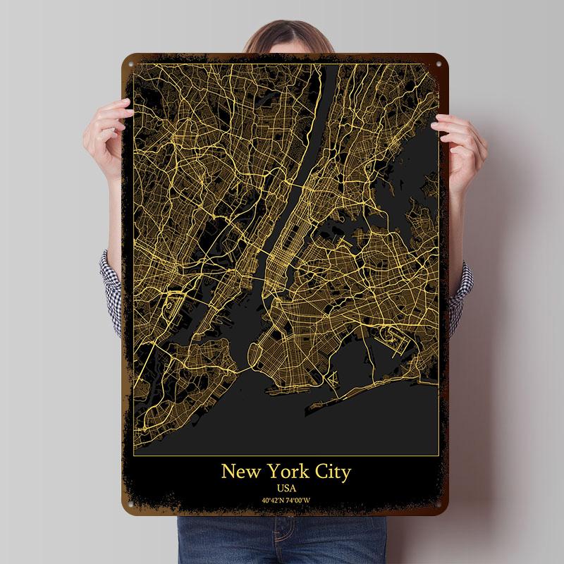 New York City Map USA Metal Poster Customized Wall Art Retro Vintage Tinplate Signs for Man Cave Gamer Room Decoration At Home