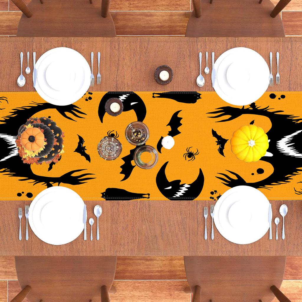 1pc Orenge Halloween Table Runner Punpkin Spooky Pattern Dustproof Durable Tablecloth for Halloween Themed Party Decoration