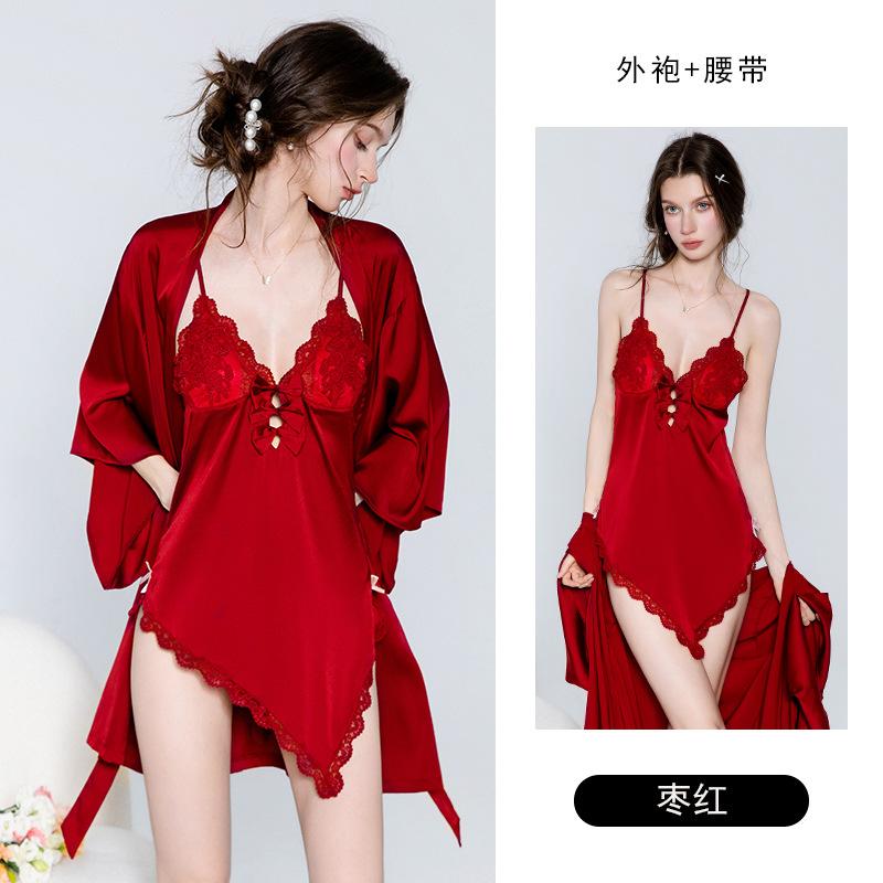 Women's French Cutout Bow Padded Cami Sleep Dress with Robe Lounge Set