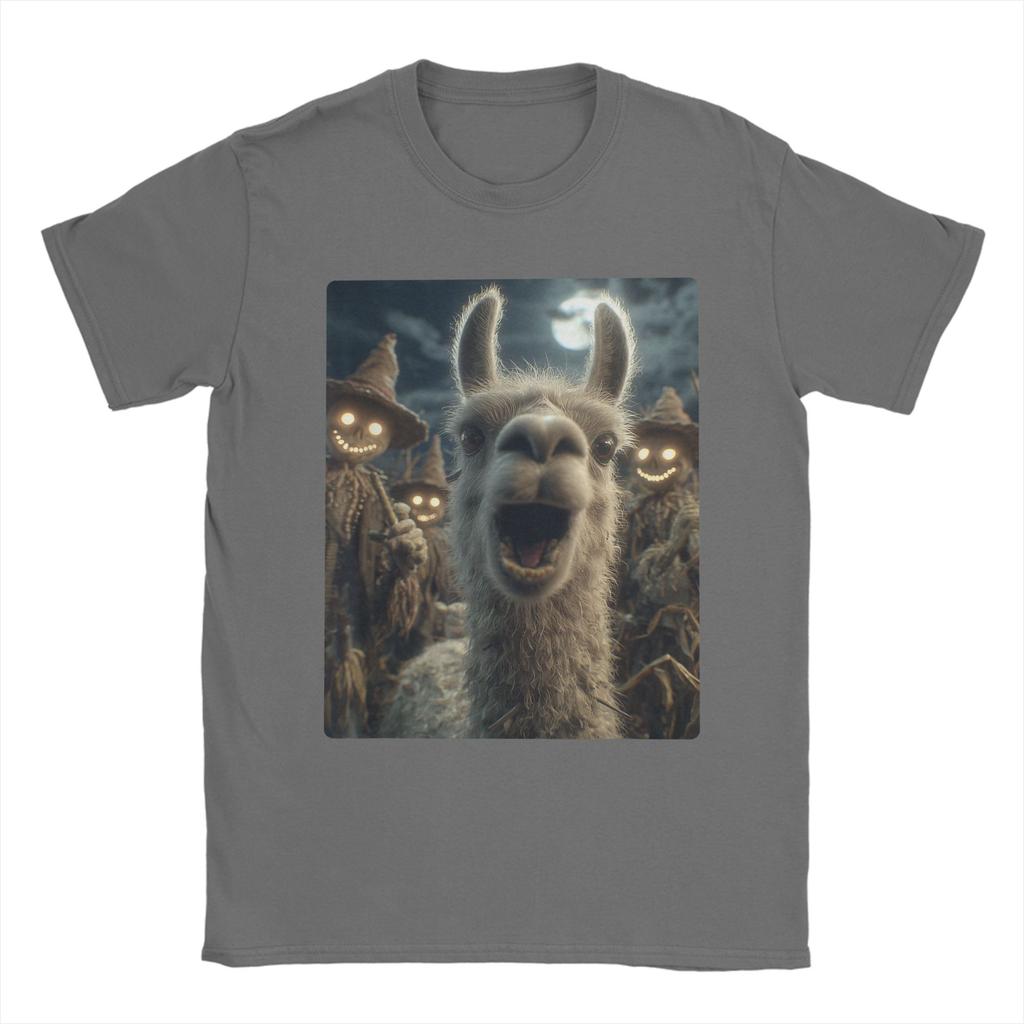 T-shirt Homme Selfie Lama avec Épouvantails Effrayants Nouveauté Coton Manches Courtes Animal T-shirt Halloween Col Rond Hauts Cadeau