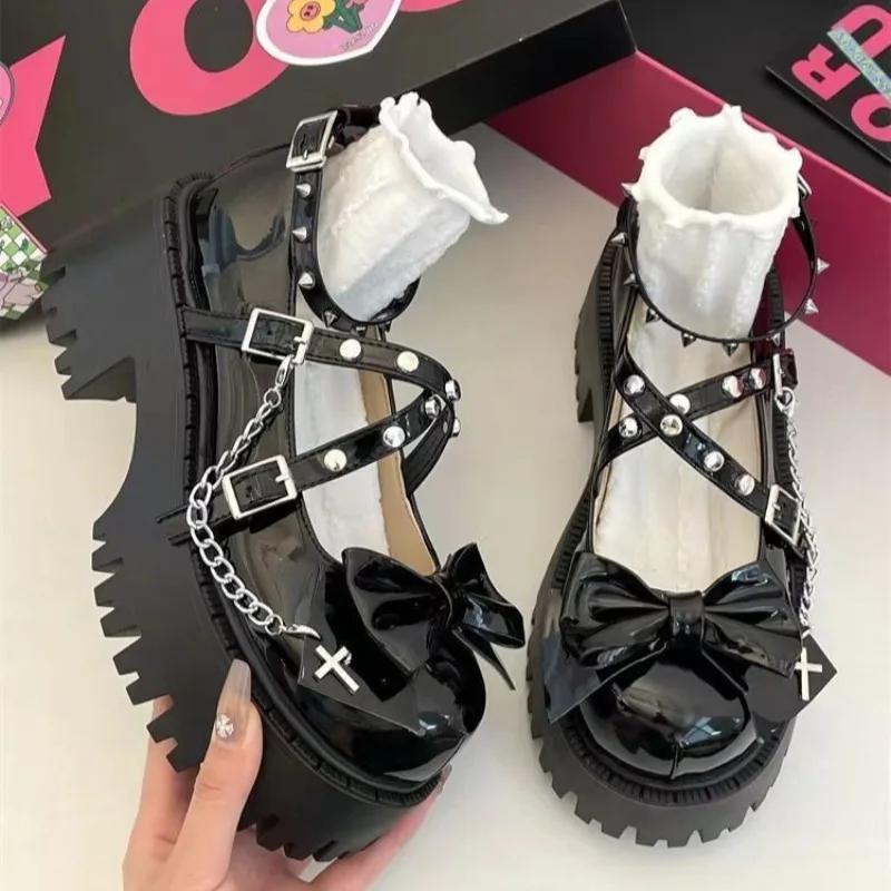 Fashion Women's Mary Jane Shoes Lolita Solid Color Spring 2024 Hot Sale Fashion Butterfly Knot Outdoors Thick with Non-slip Female Shoes