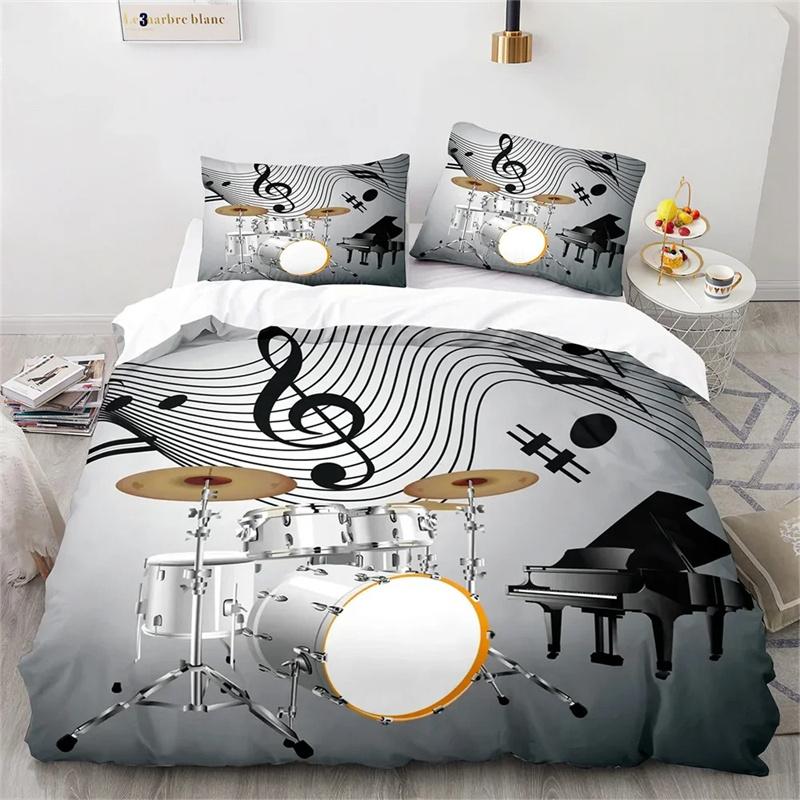 Drum Kit King Queen Duvet Cover Rock Musical Style Bedding Set for Kids Teens Adults Hip Hop Grunge 2/3pcs Polyester Quilt Cover