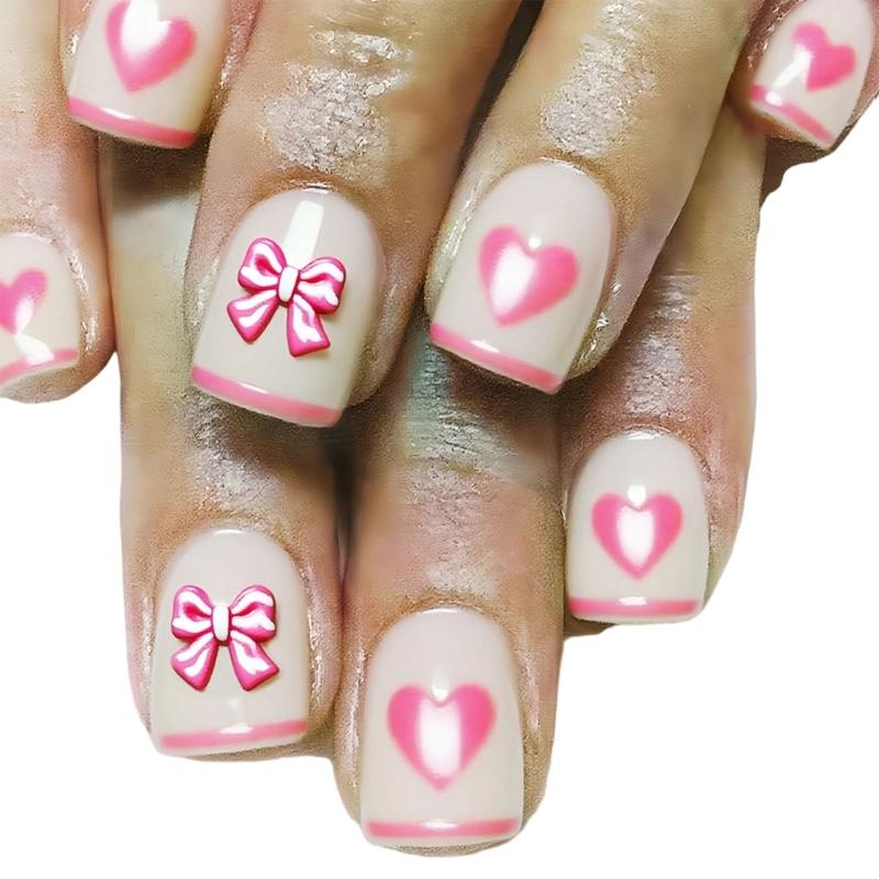 

24Pieces French Manicure Press On Nail Pink Heart Pattern Fashionable Fake Nail Easy Application For Daily Event 1