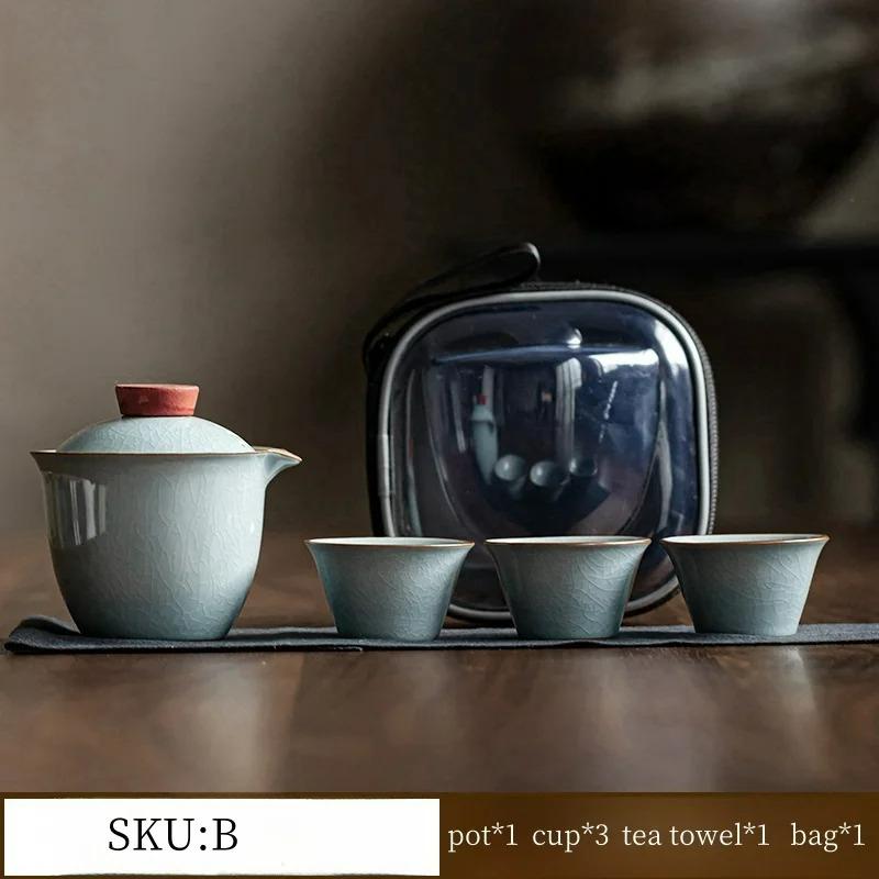 

Ceramic Ru Kiln Travel Tea Set Quick Customer Cup One Pot Three Cups Outdoor Car Portable Kung Fu Tea Set Four-piece Set