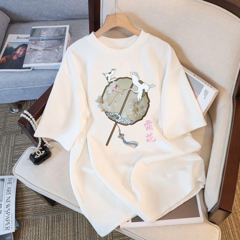 Chinese Ethnic Style Short Sleeved Top 2024 Summer New Womens Tshirt White Fashionable Loose Bottom Top Pattern Tshirt