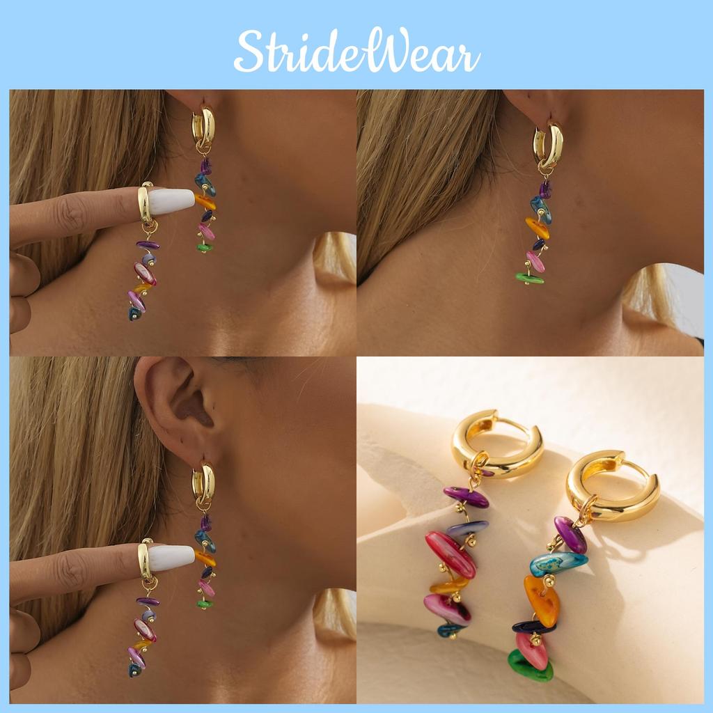Elegant Natural Stone Earrings For Women Colorful Geometric Design With Chain Details